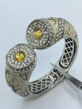 Vintage Yellow Enamel Yellow White Crystal Rhinestone Clamper Bracelet Silver
